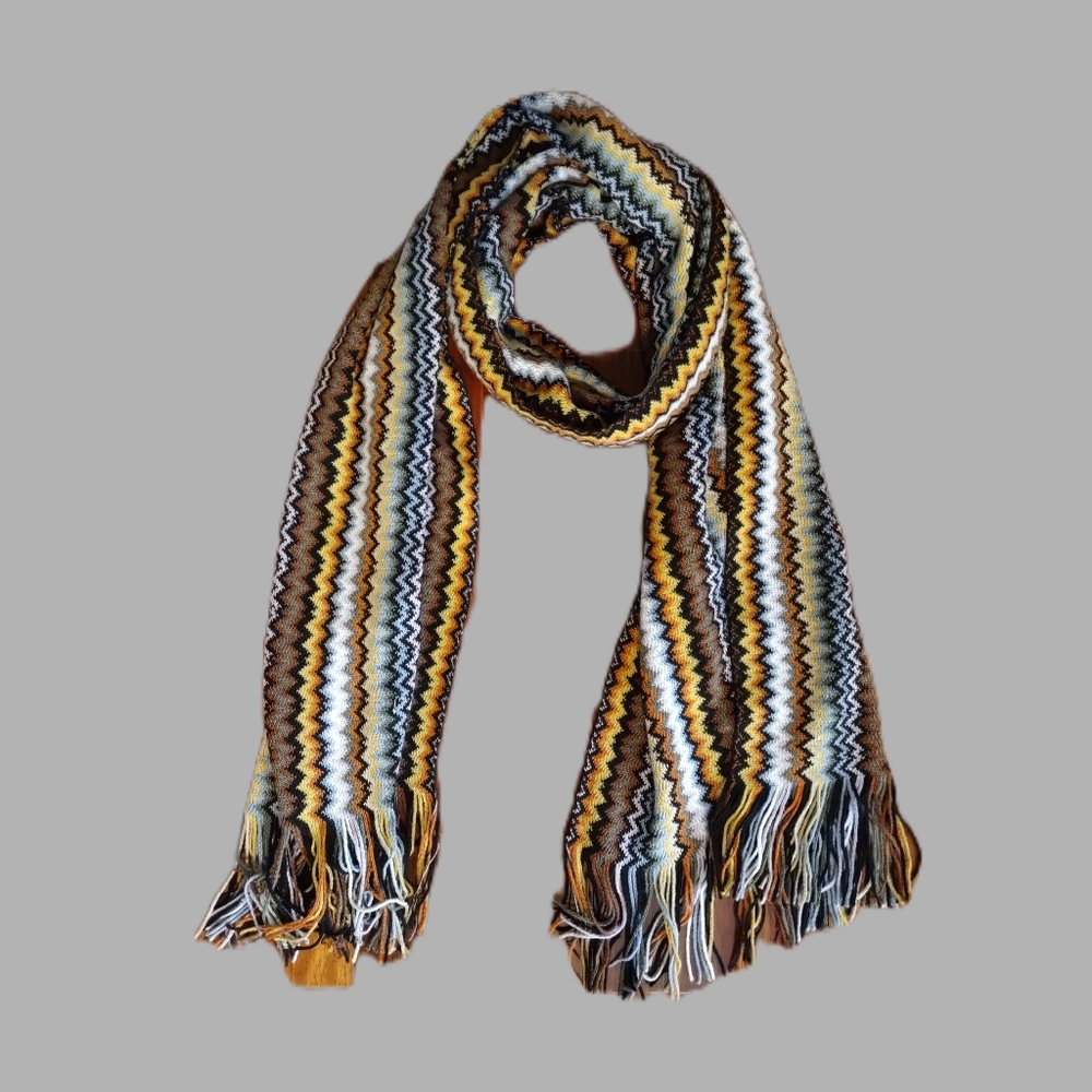 Missoni Chevron Knit Scarf in Black, White, Yellow, and Brown